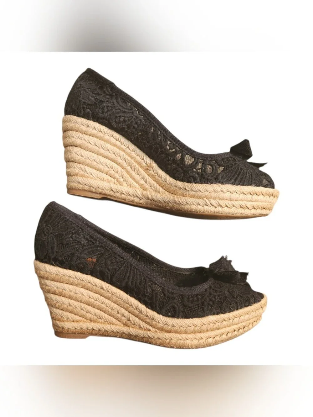 Tory Burch Jackie Espadrilles Wedge Peep Toe Black Canvas Women's 8 Coastal Chic